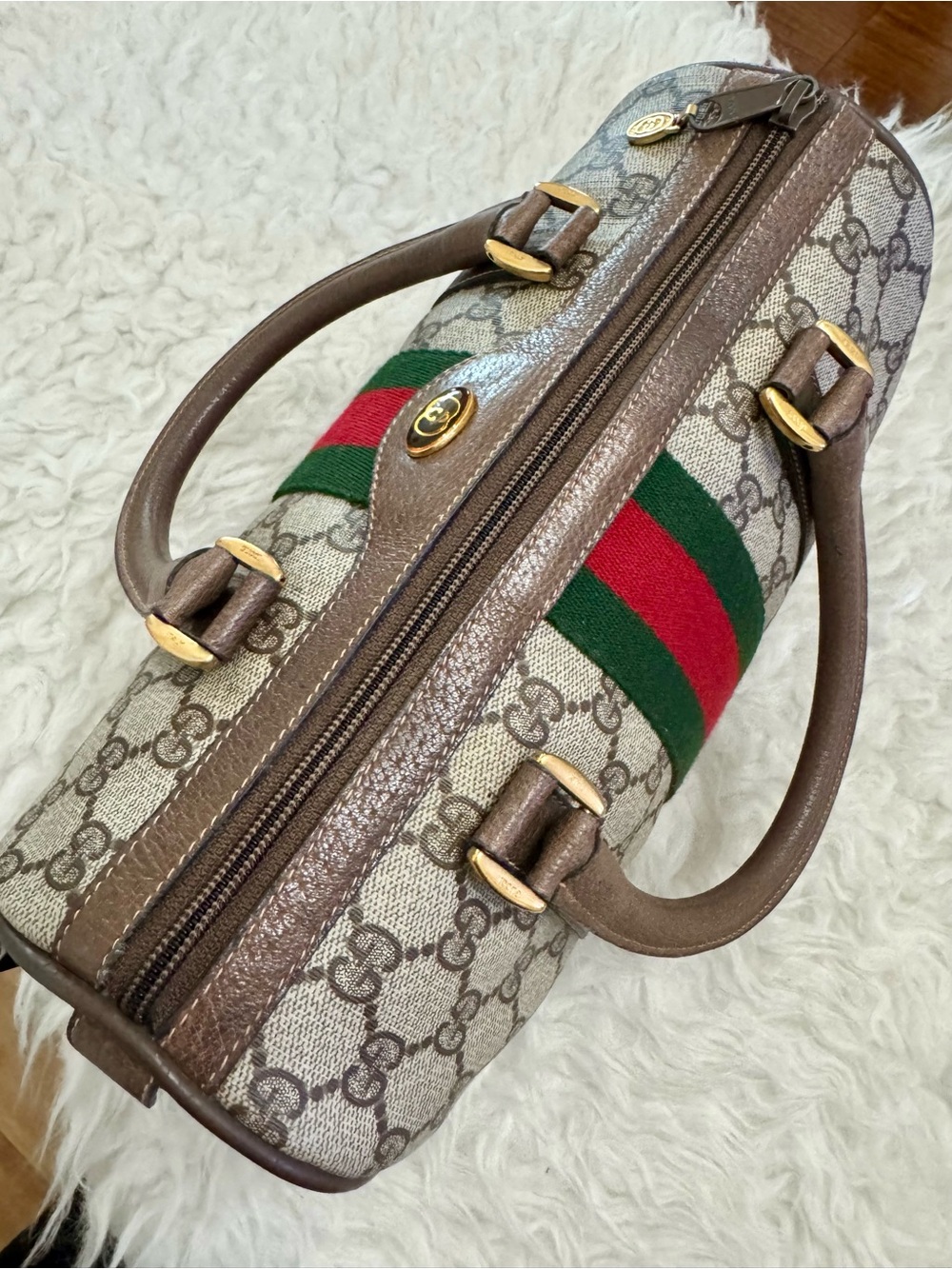 Gucci Beige GG Supreme 27 Satchel with Red & Green Web Stripe - Picture 8 of 11